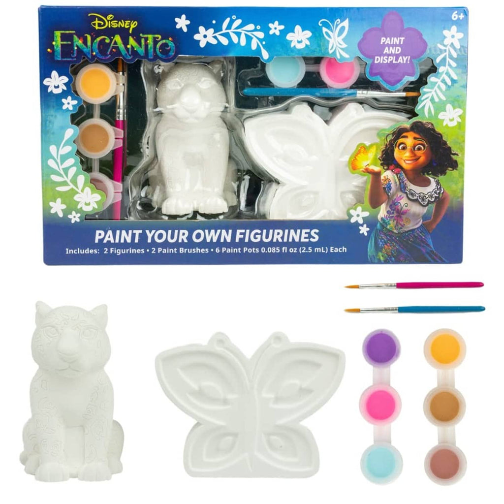 Kids paint-your-own figurines kit with two white animal molds, brushes, and paint pots