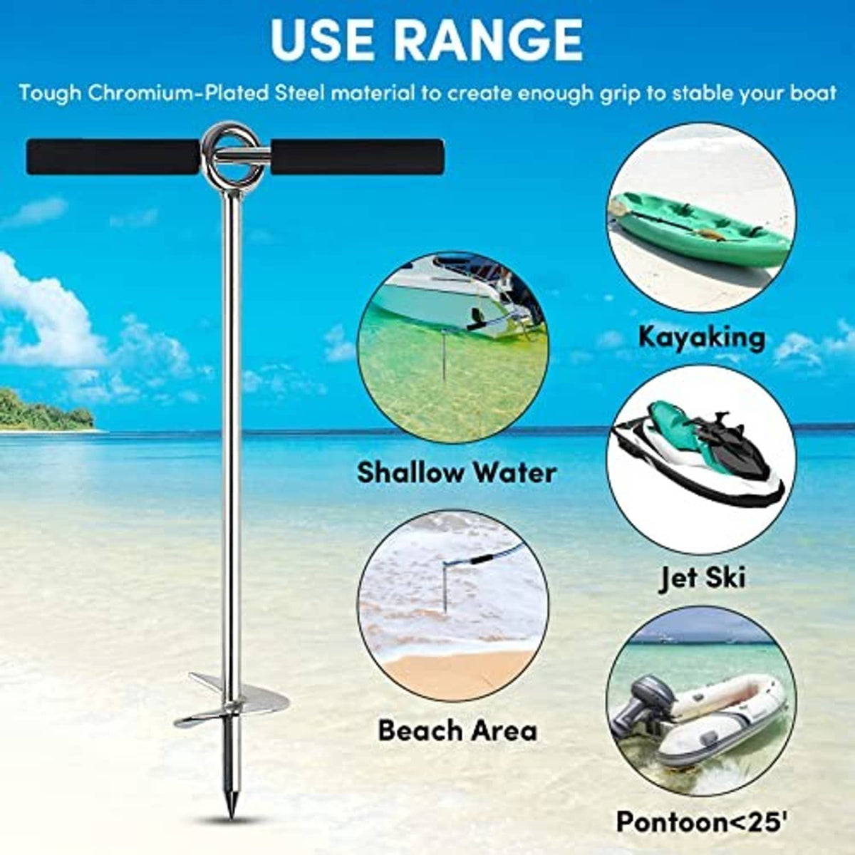 Sand anchor for beach with chrome shaft, black cross handles, and pointed auger stake