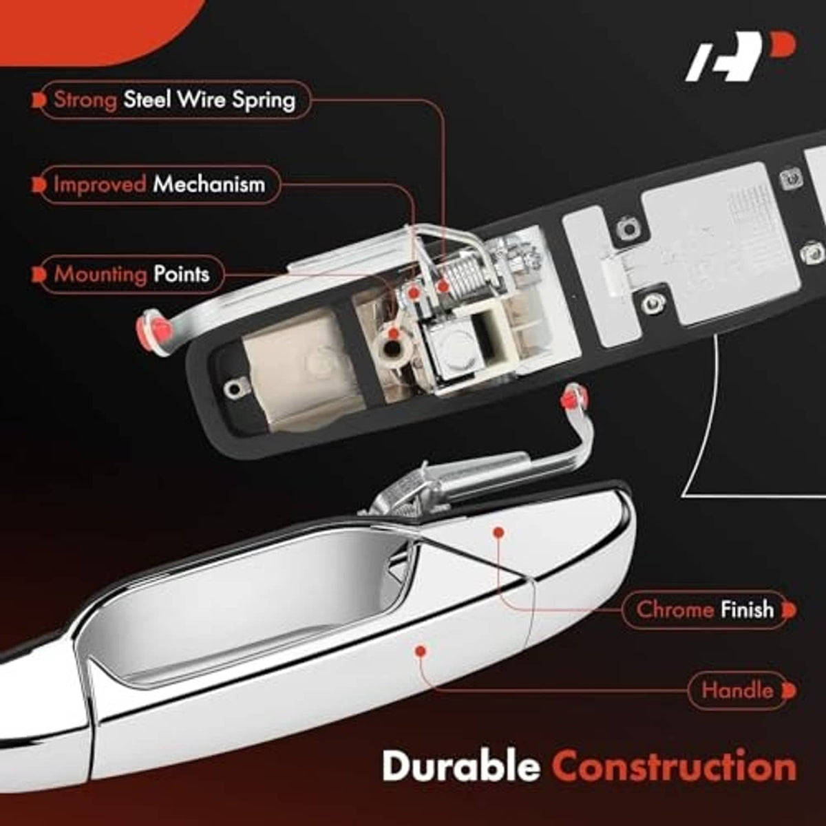 Rear left exterior door handle assembly showing internal spring and mounting pieces.