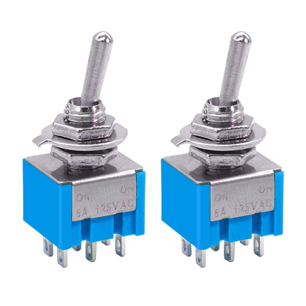 Mini DPDT toggle switch pair, blue body, metal actuator, solder pins, ON marking