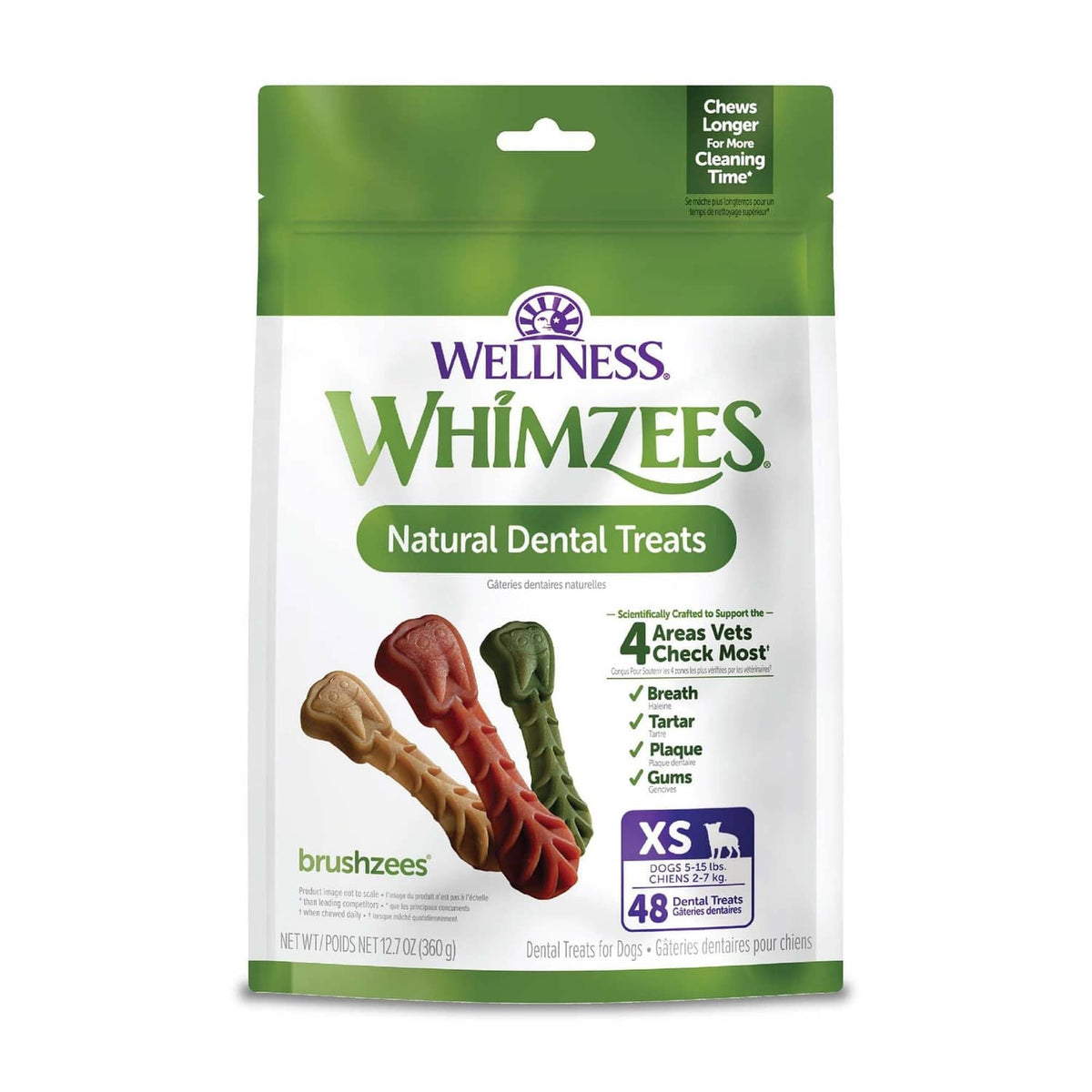 Whimzees Wellness brushzees natural dental treats pouch, green and white, 48 count