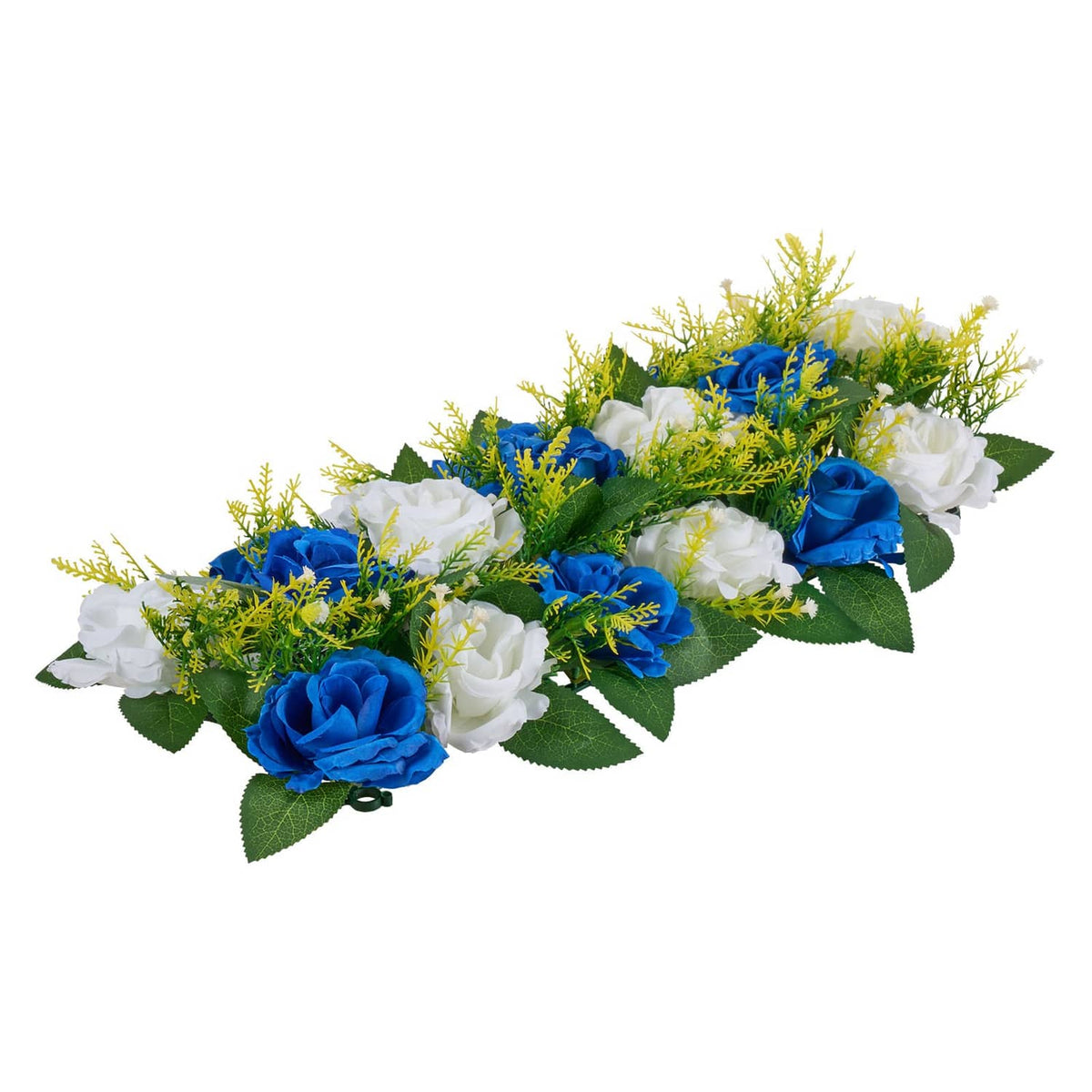 Blue and white artificial flower garland with roses, white blooms, and green foliage