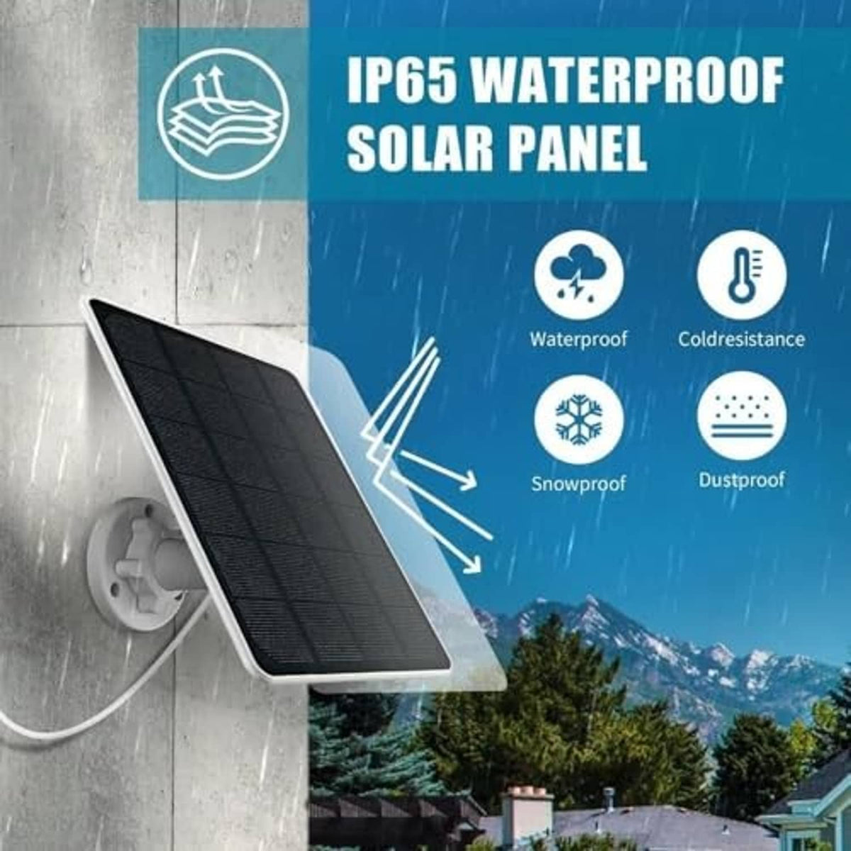 Waterproof solar panel charger with black solar panel and white outdoor power module on wall
