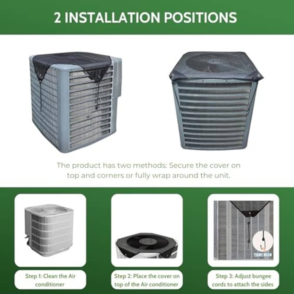 Outdoor AC cover shown wrapping around unit corners with bungee cord attachment