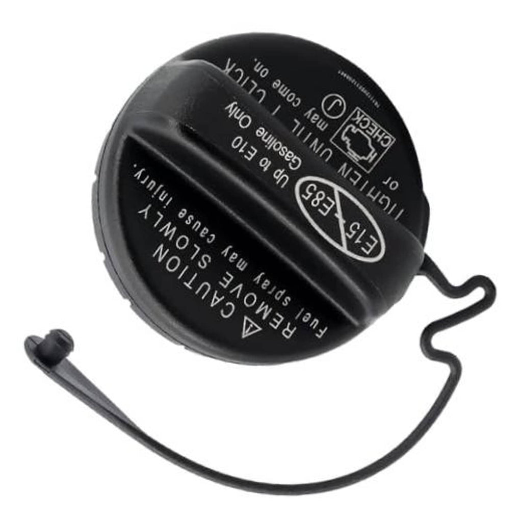 Black round gas fuel cap with tether strap and printed safety markings