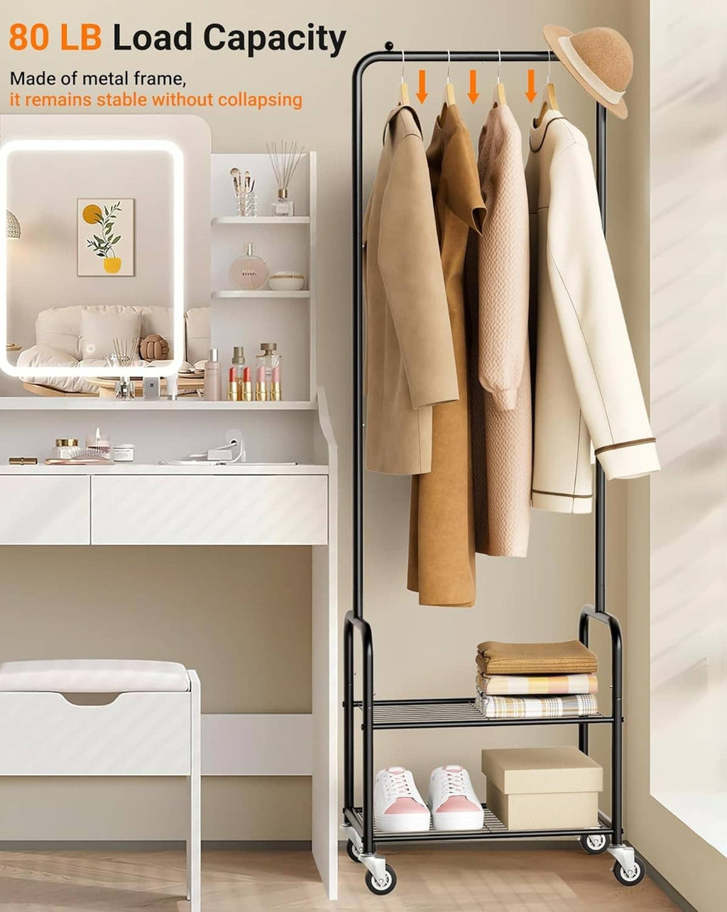 Rolling clothes rack with upper hanging bar and lower shelf holding coats and shoes