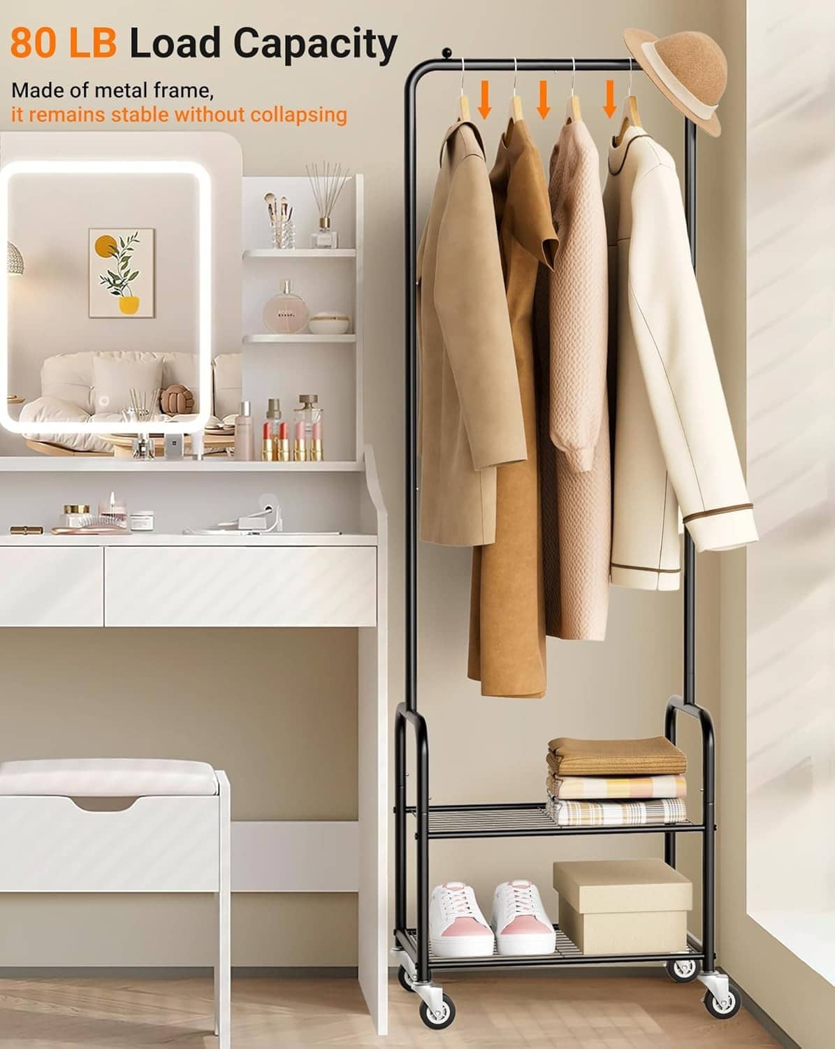 Rolling clothes rack with upper hanging bar and lower shelf holding coats and shoes
