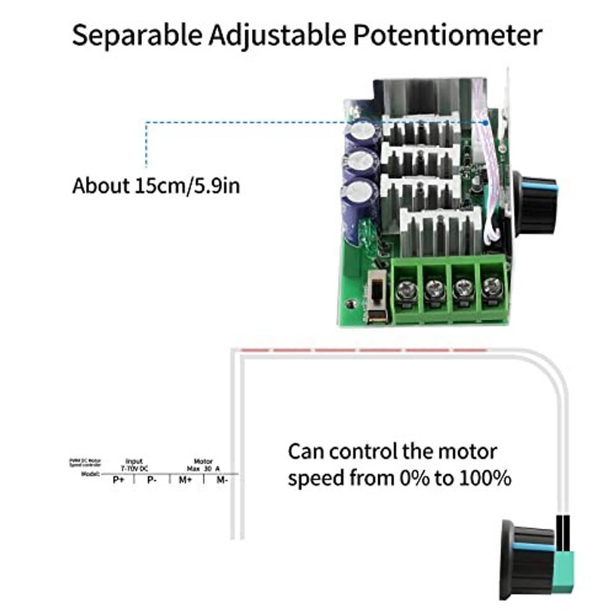 Separable adjustable potentiometer for motor speed control with black adjustment knob
