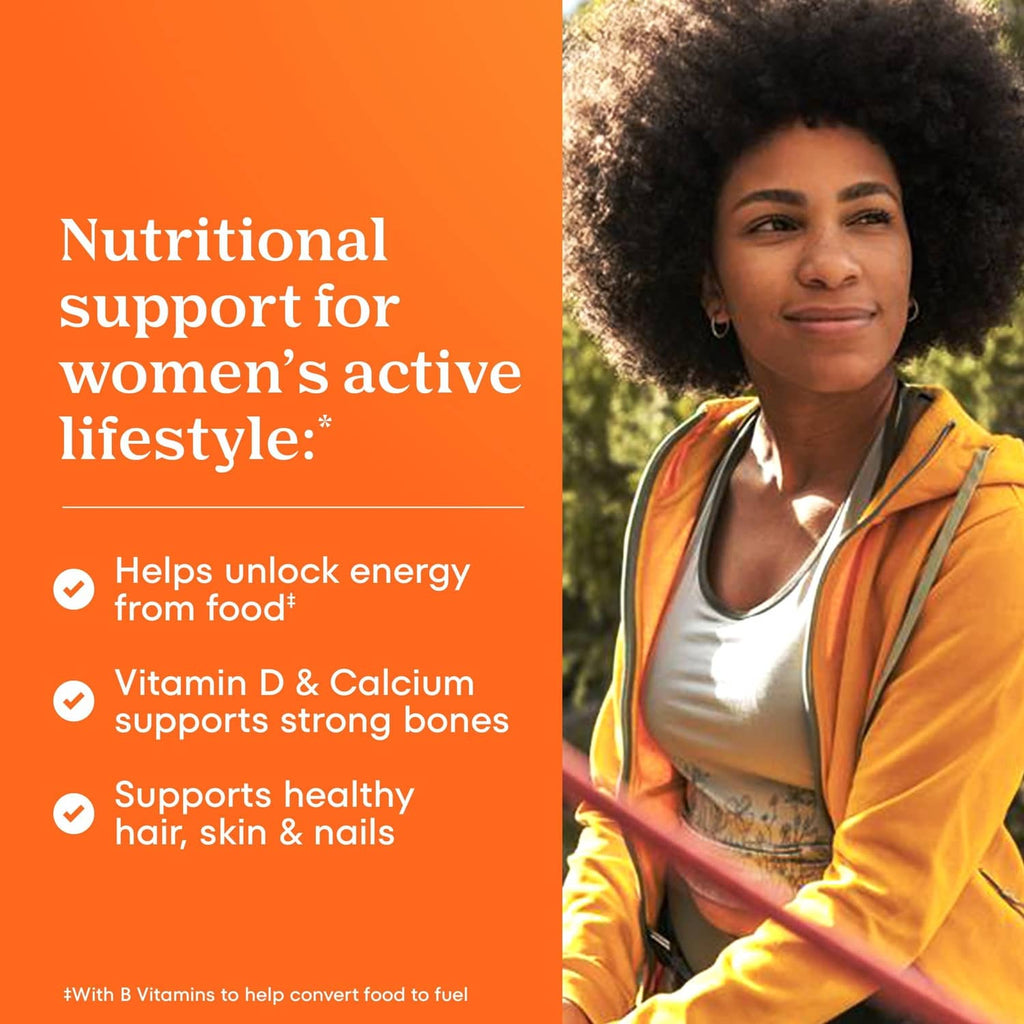 Woman in yellow-orange jacket smiling, shown with women’s multivitamin lifestyle panel