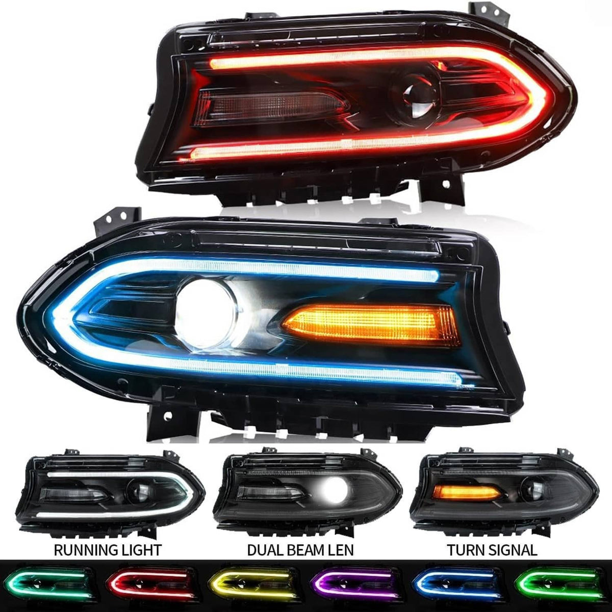 RGB LED tail light assemblies with multi-color running light and turn signal modes