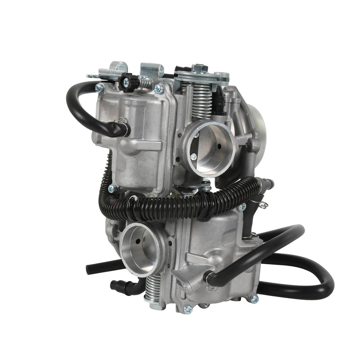 Metal carburetor with silver throttle plate housing and black vacuum lines