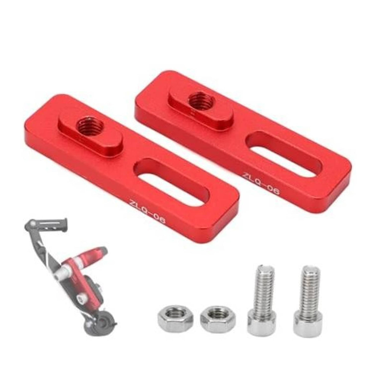 Red bicycle V-brake extension converter plates with threaded inserts and bolts