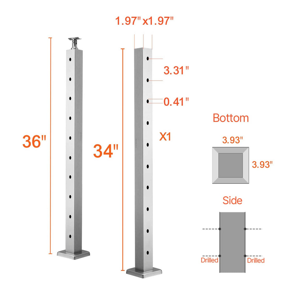 Silver pre-drilled cable railing post dimension diagram, 36 in height and side profile