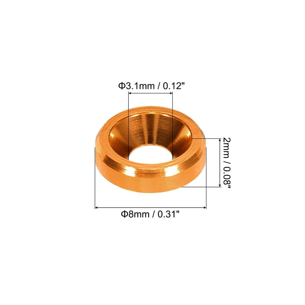 M3 orange cone cup countersunk washer diagram with 3.1 mm hole and 2 mm height