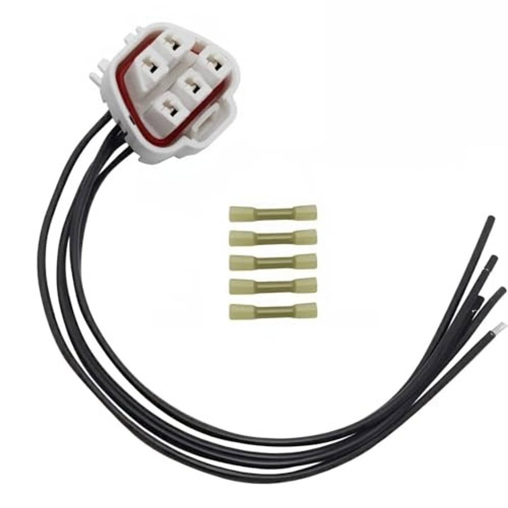 5-pin fuel pump connector pigtail harness with white plug, black wire leads, green terminals