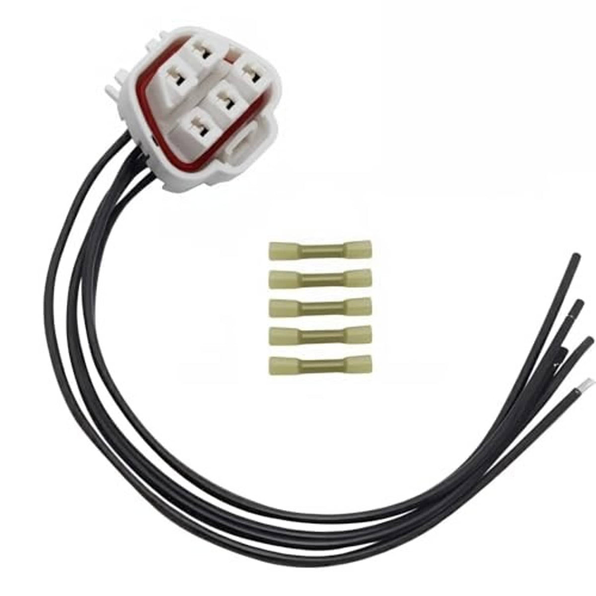 5-pin fuel pump connector pigtail harness with white plug, black wire leads, green terminals