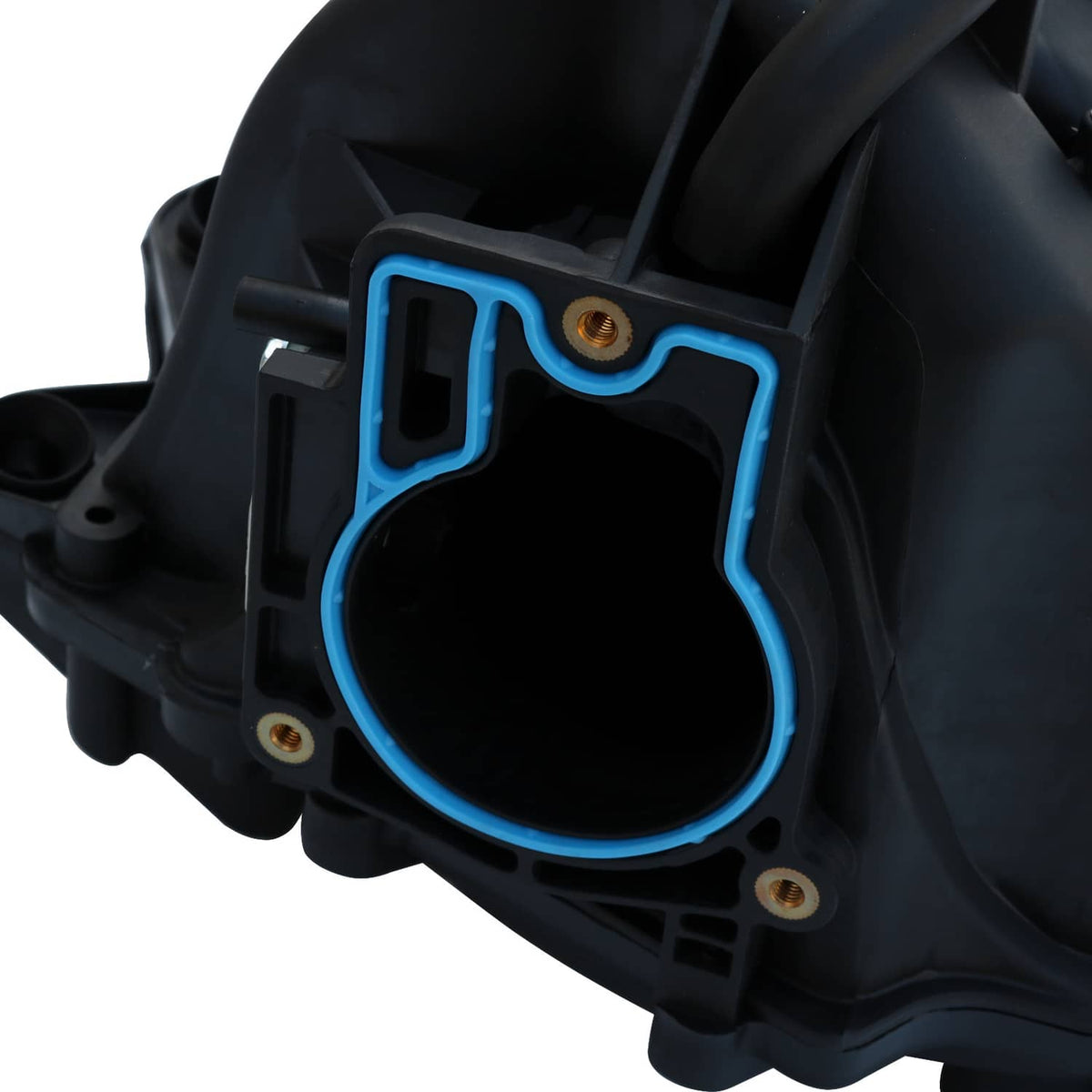 Blue-edged throttle body gasket flange on black intake manifold