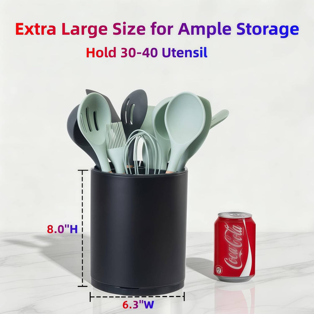Black utensil holder holding mint silicone utensils, countertop view