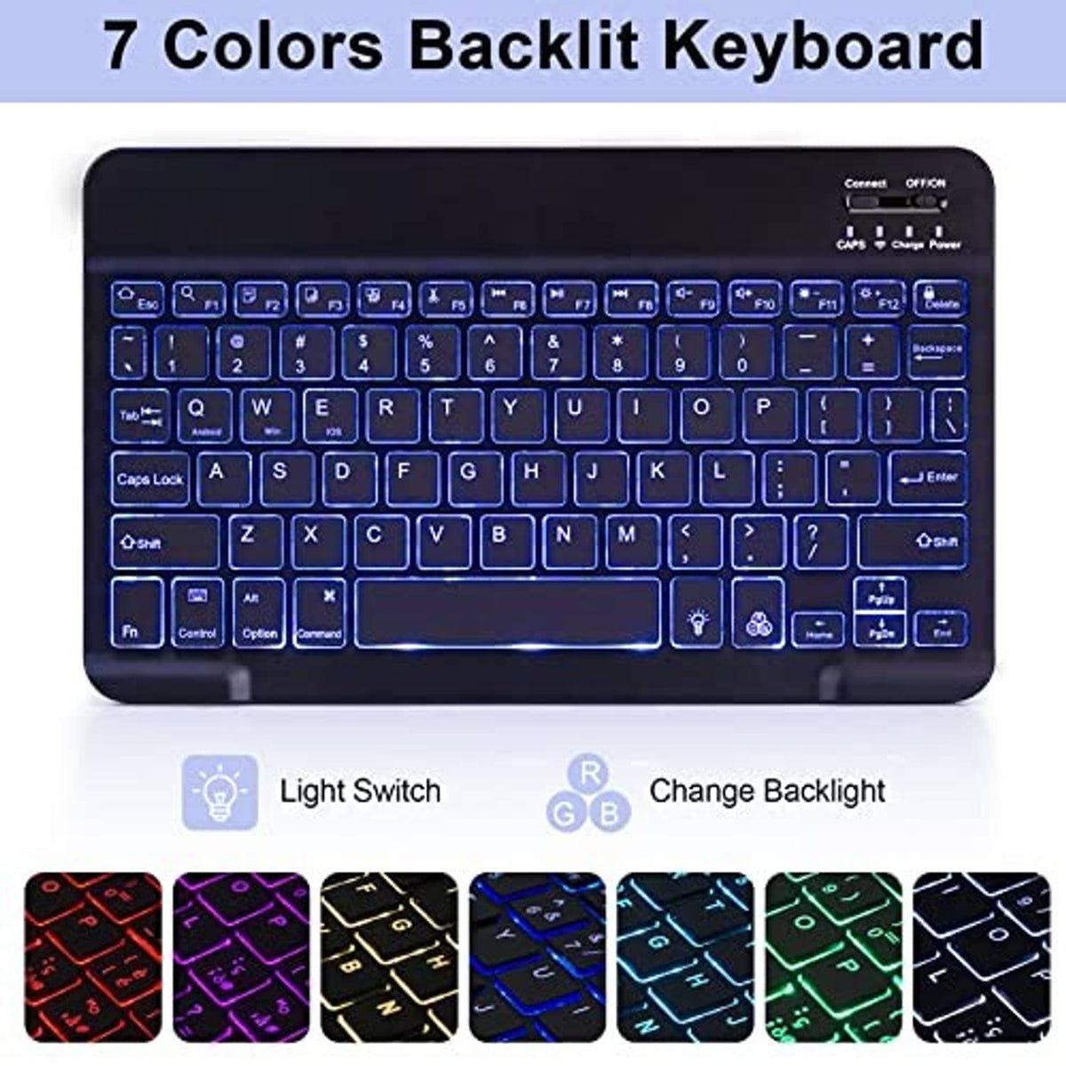 Backlit keyboard case showing selectable light colors across keys