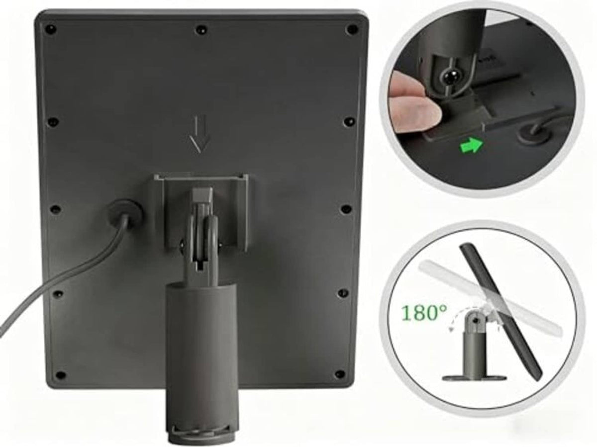 Back view of black solar panel with mount bracket and attached charging cable
