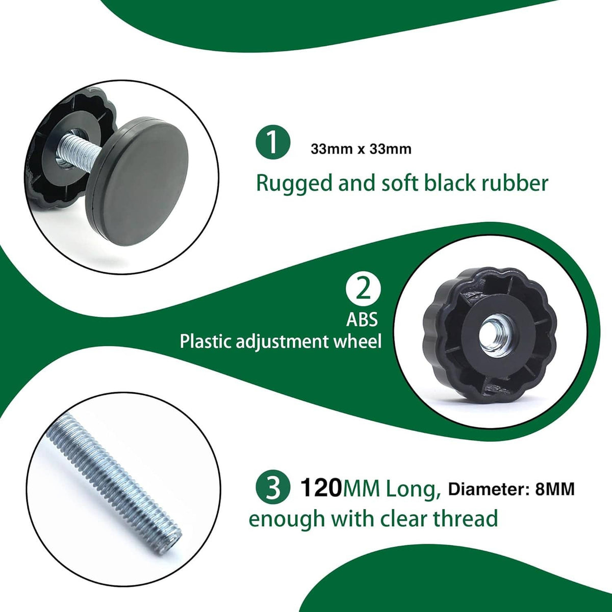 Threaded spindle rod set with black rubber feet, ABS adjustment wheel, clear metal threads