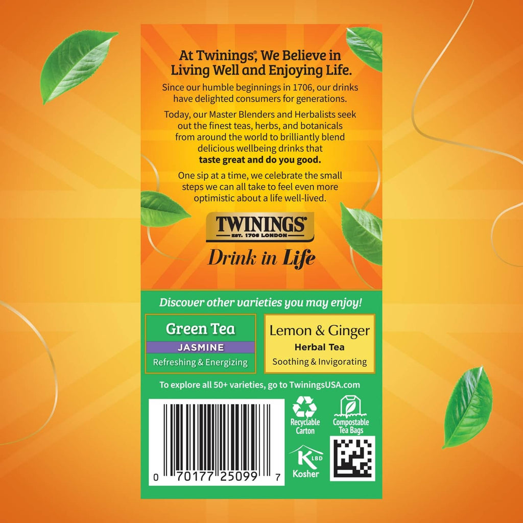 Green tea lemon tea bag pack back with brand story and recycling icons