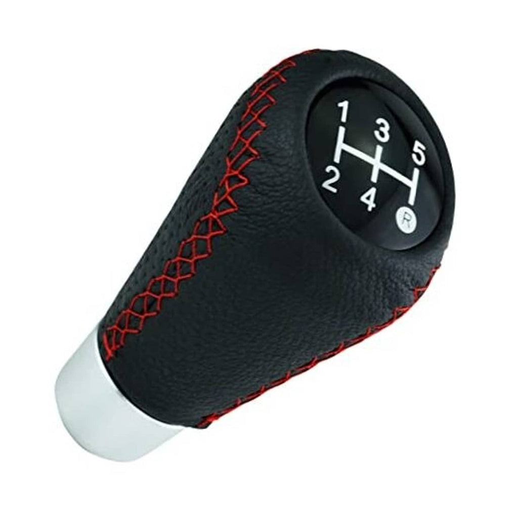 Leather 5-speed gear shift knob with black finish, red stitched panel, and numbered shift dial