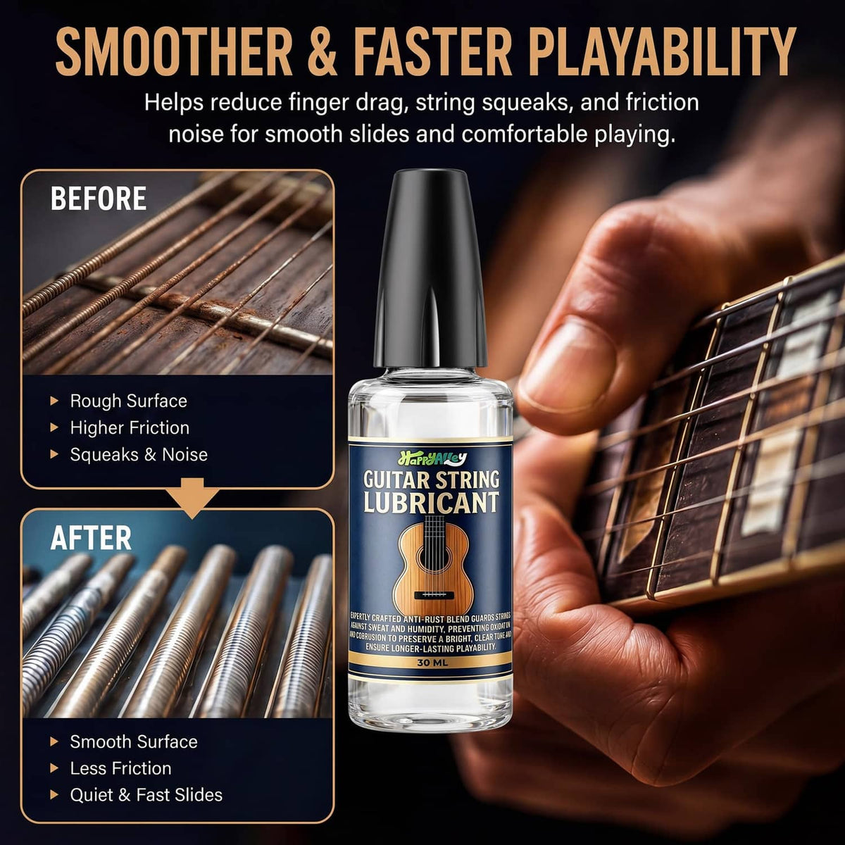 Guitar string lubricant bottle held near guitar strings for smoother playability
