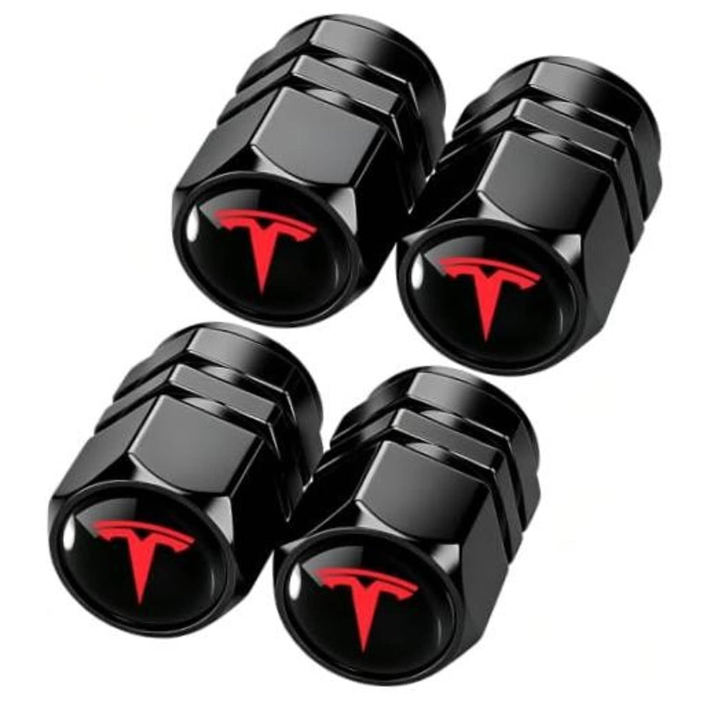 Set of 4 black metal tire valve stem caps with red emblem and knurled edges