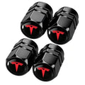 Set of 4 black metal tire valve stem caps with red emblem and knurled edges