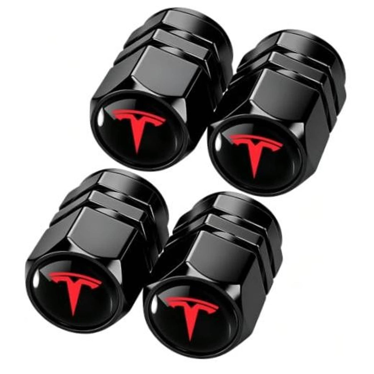 Set of 4 black metal tire valve stem caps with red emblem and knurled edges