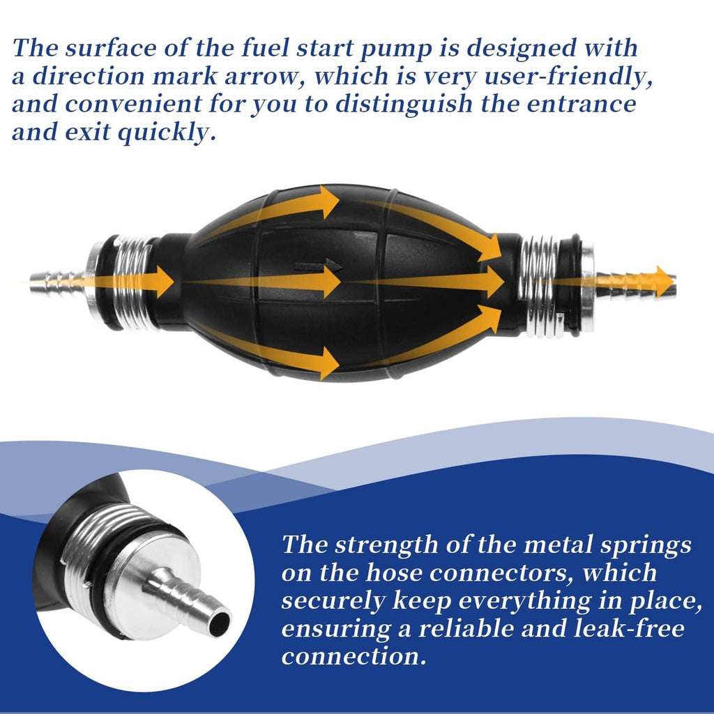 Black rubber fuel primer bulb with molded flow arrows and threaded metal hose fittings