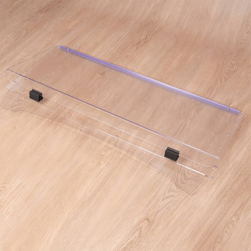 Clear folding windshield panel with purple support bar and black corner brackets