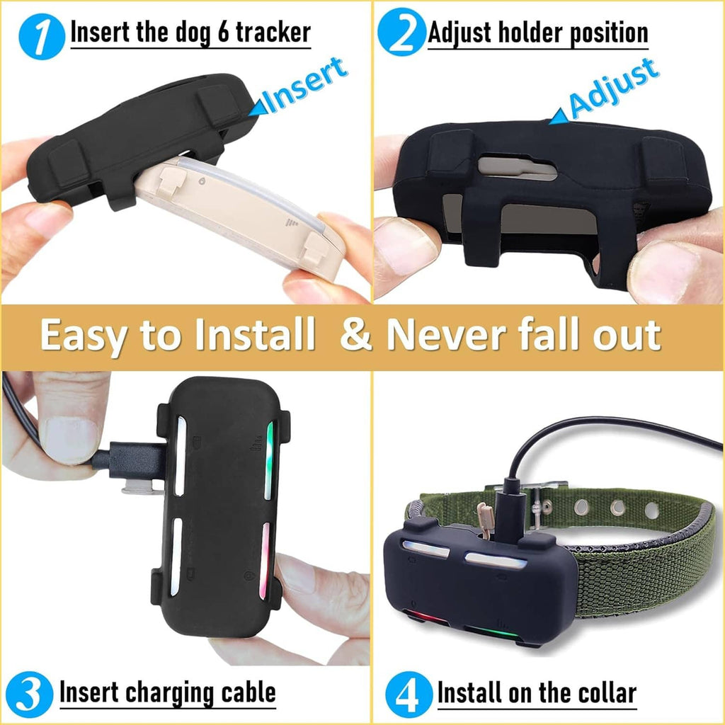 Black silicone tracker holder with charging cable and adjustable collar mounting