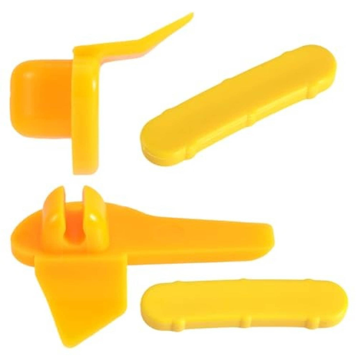 Yellow plastic tire rim protector inserts in hand-friendly shape with prongs and smooth ends