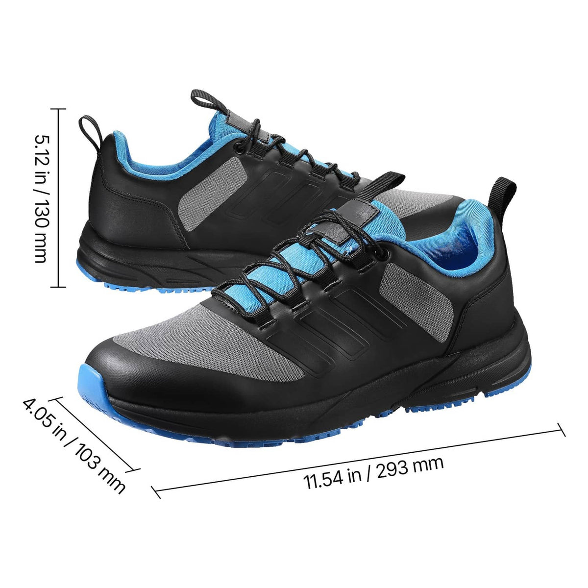 Black cross-training sneaker with gray panels and blue accents, angled length view