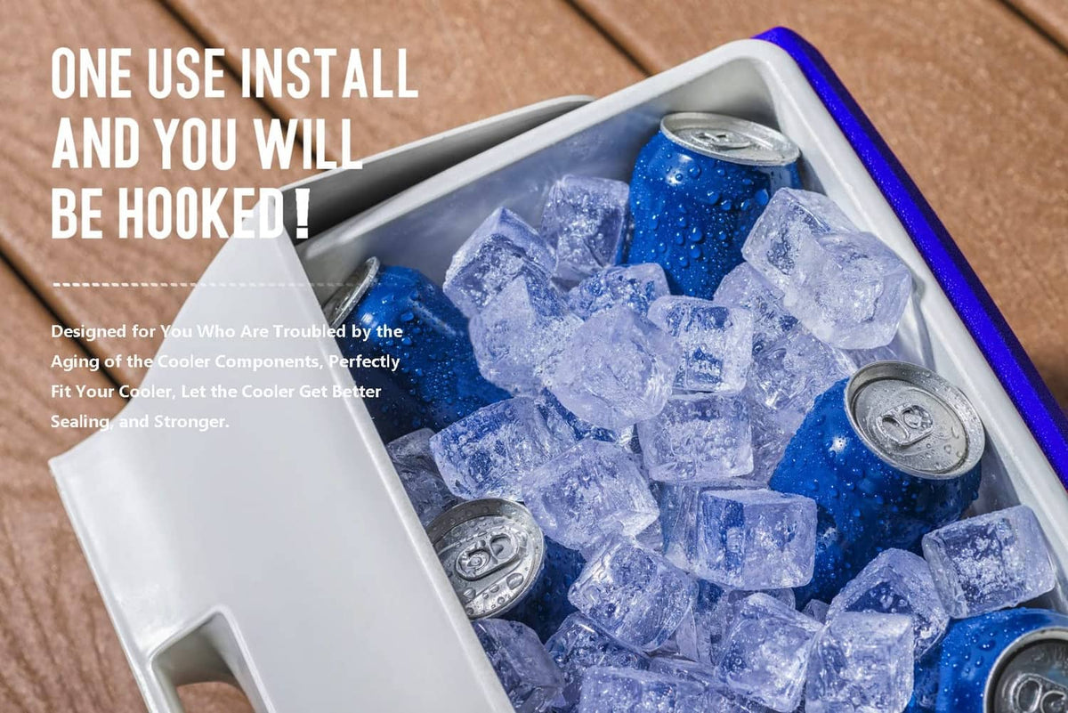 Ice-filled cooler interior with lid opening and hinge-side hardware area