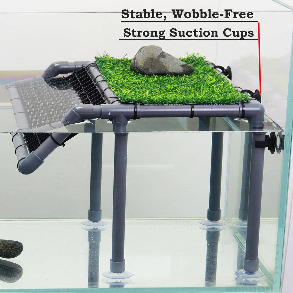 Extra-large turtle basking platform with artificial grass top, black mesh ramp, and suction cups