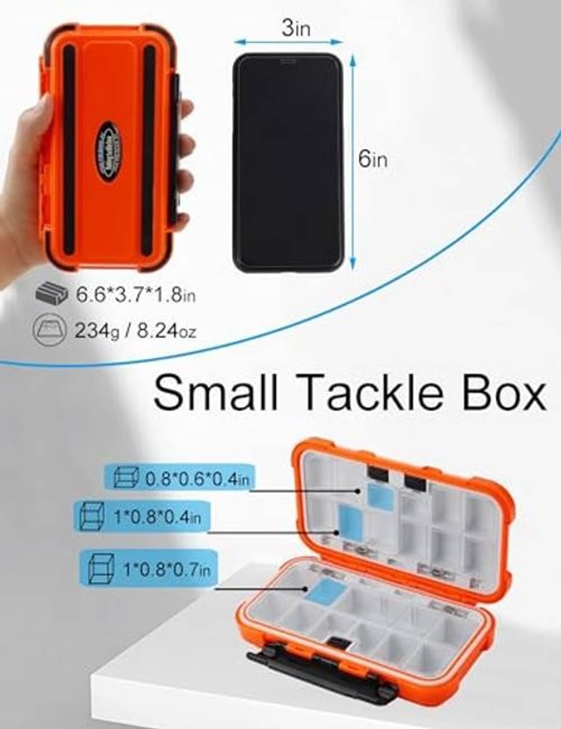 Orange small tackle box with hinged lid, shown with front view and side dimensions
