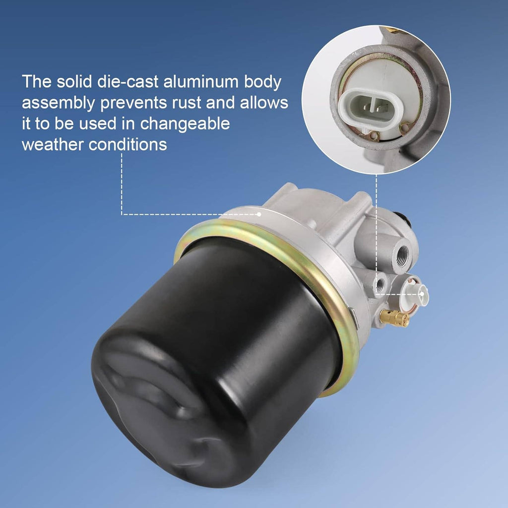 Air dryer with black reservoir and silver die-cast aluminum body, close-up angle