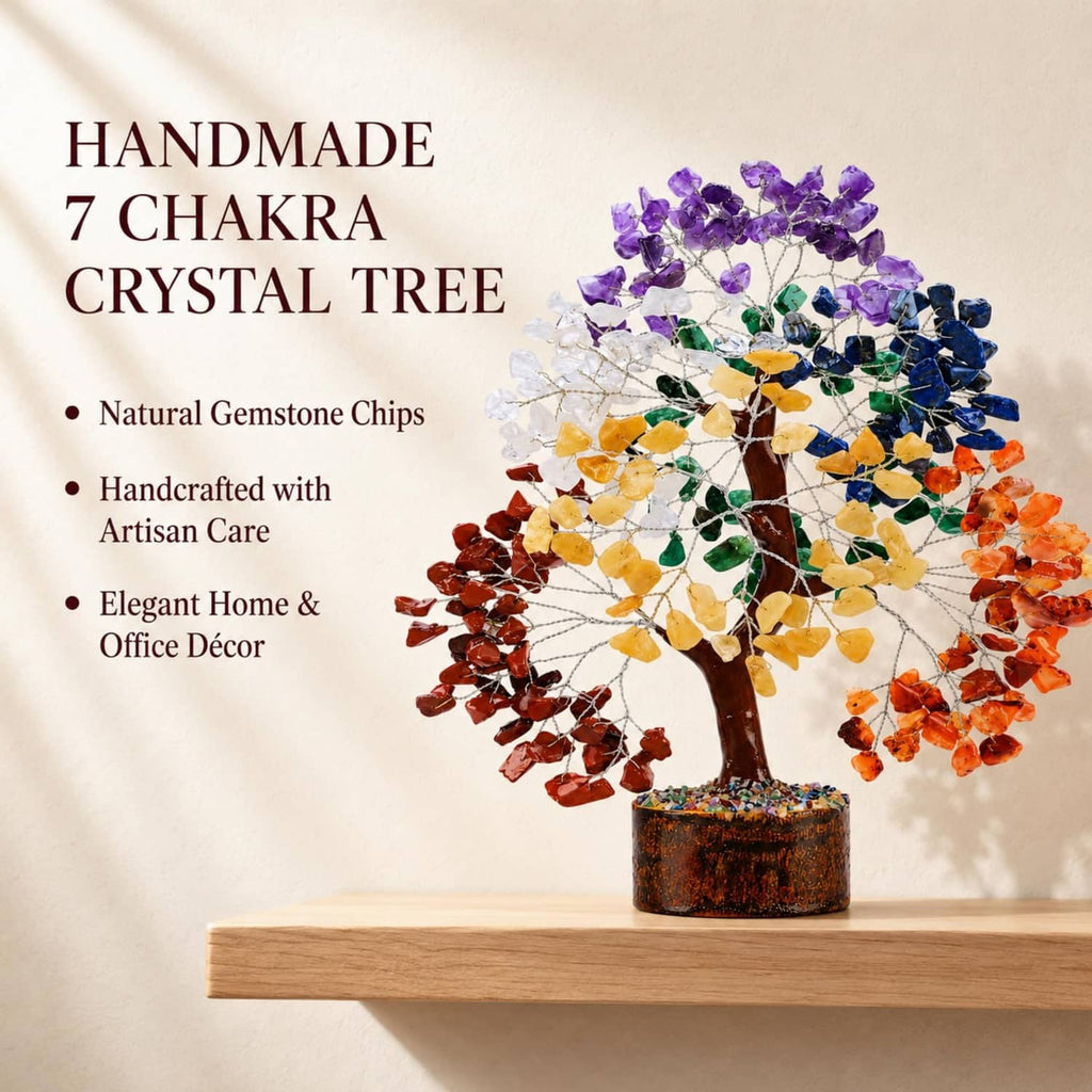 Handmade 7-chakra gemstone crystal tree on dark wooden base
