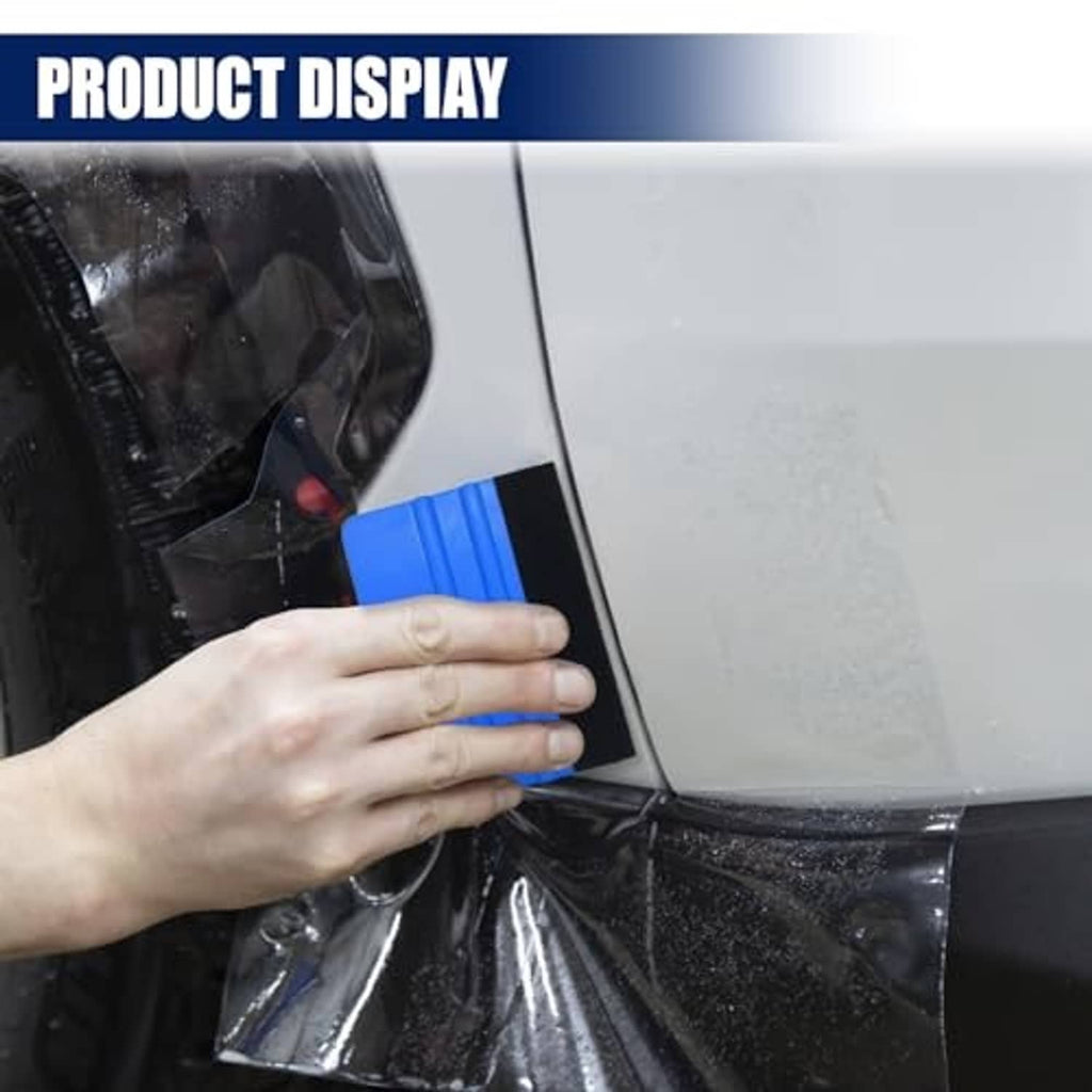 Felt edge squeegee in use on window film, blue handle and black felt edge