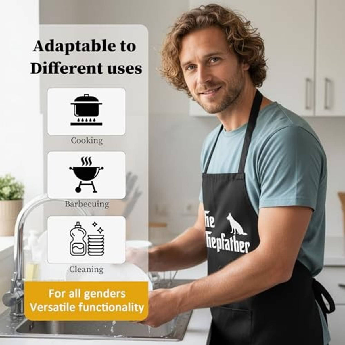 Black kitchen apron with adjustable neck strap and shepherd-utensil graphic