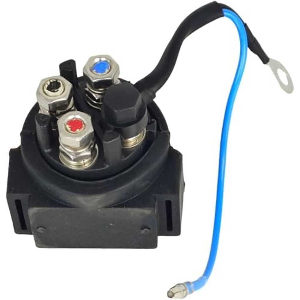 Power relay assembly with black housing, blue lead wire, and metal screw terminals