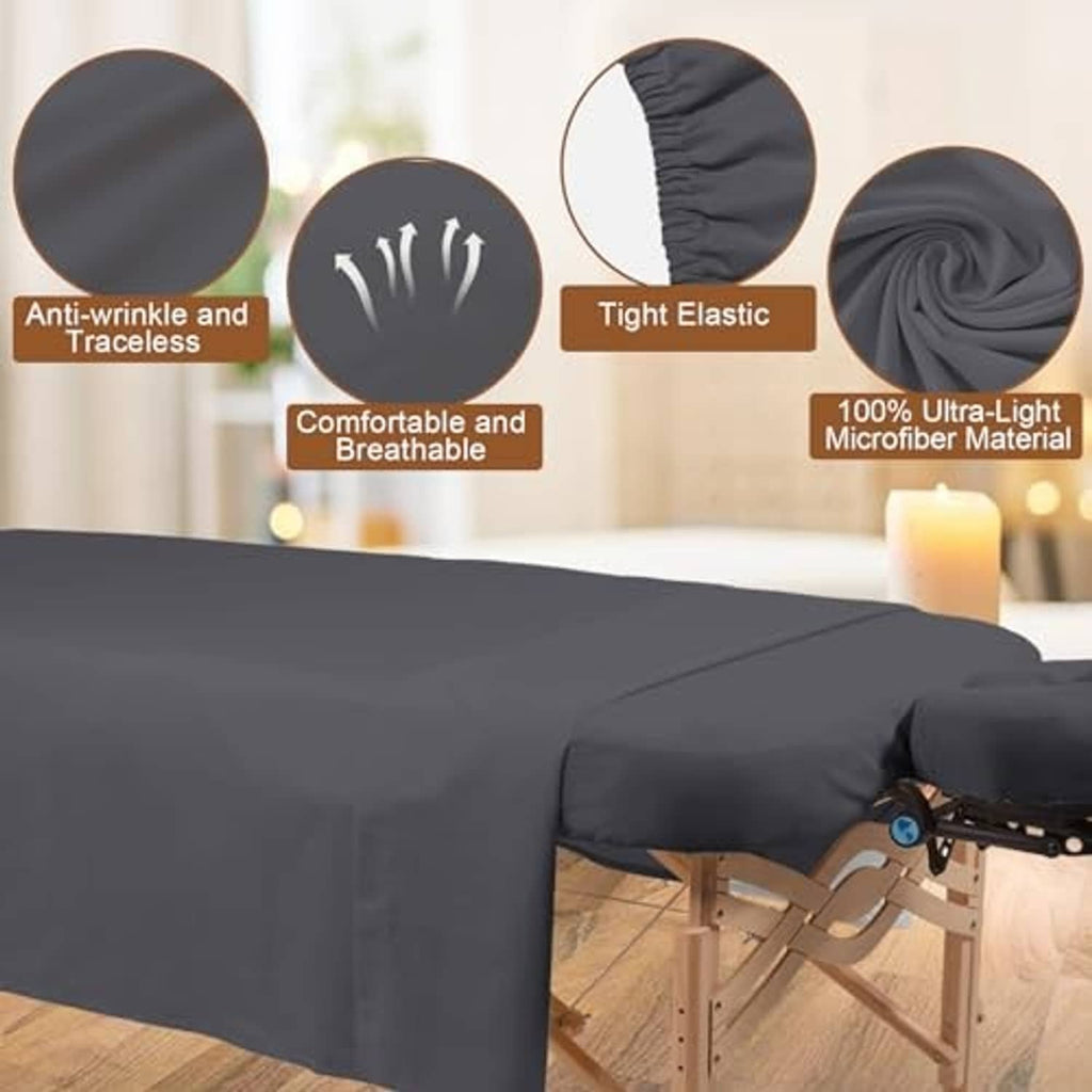 Gray fitted massage table cover with adjustable corner fit on a massage table