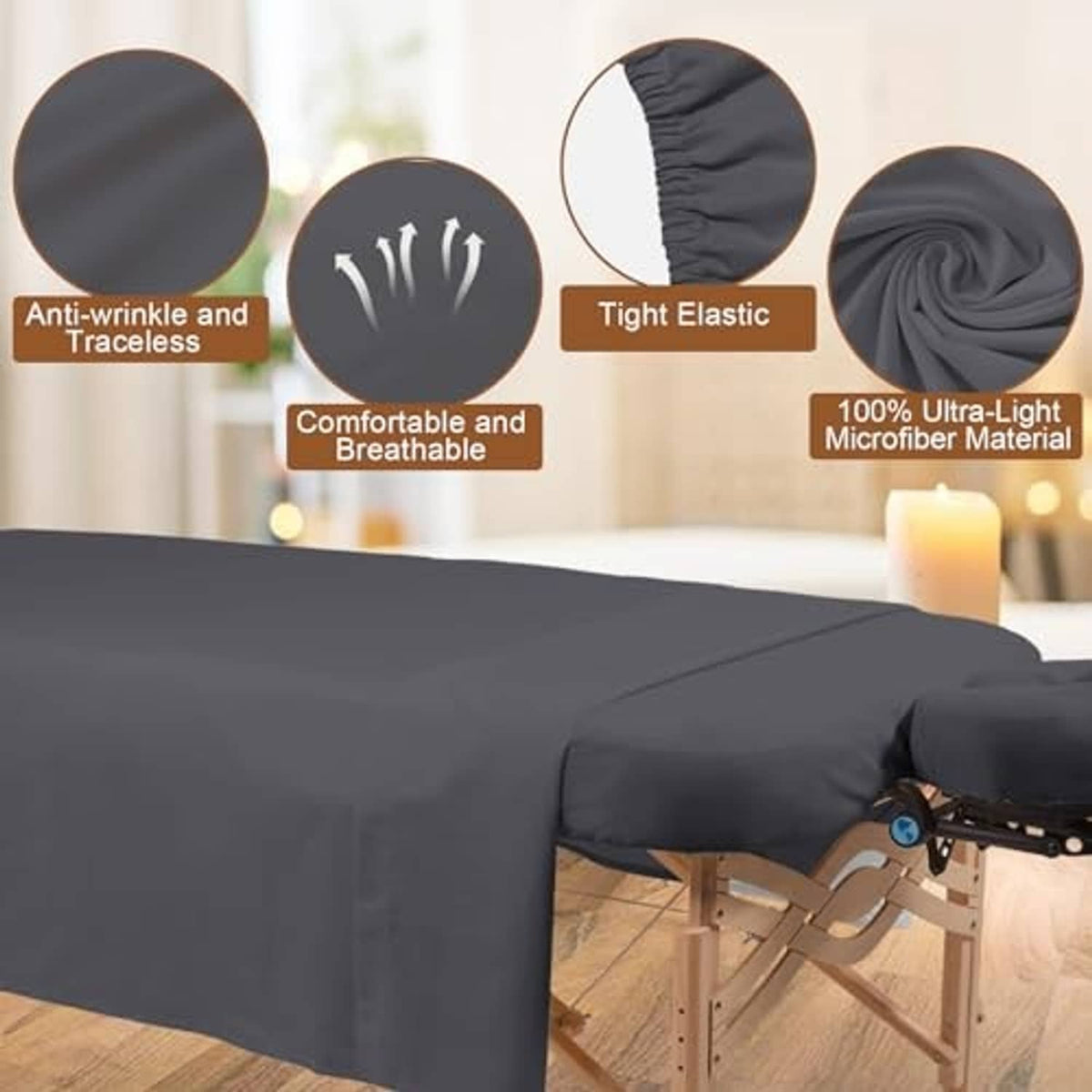 Gray fitted massage table cover with adjustable corner fit on a massage table