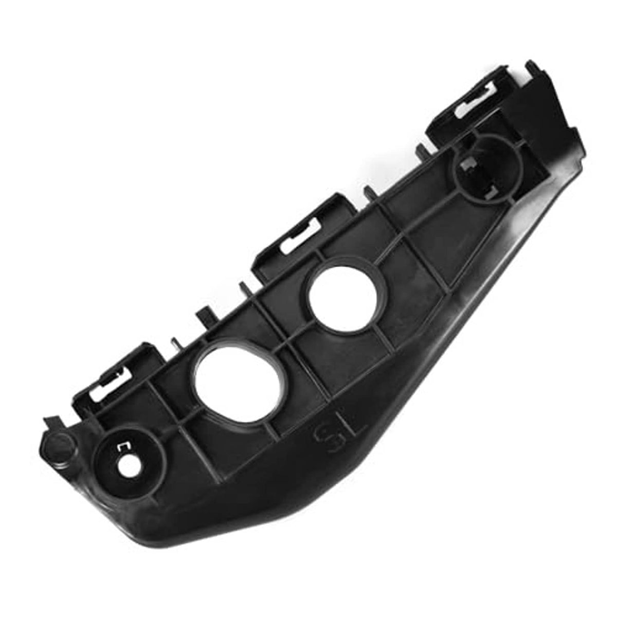 Black front bumper bracket support retainer with two large round openings and side clips