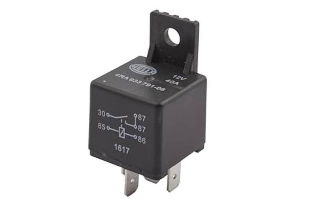 Black 12V mini ISO relay, 5-pin terminals with printed circuit diagram on face