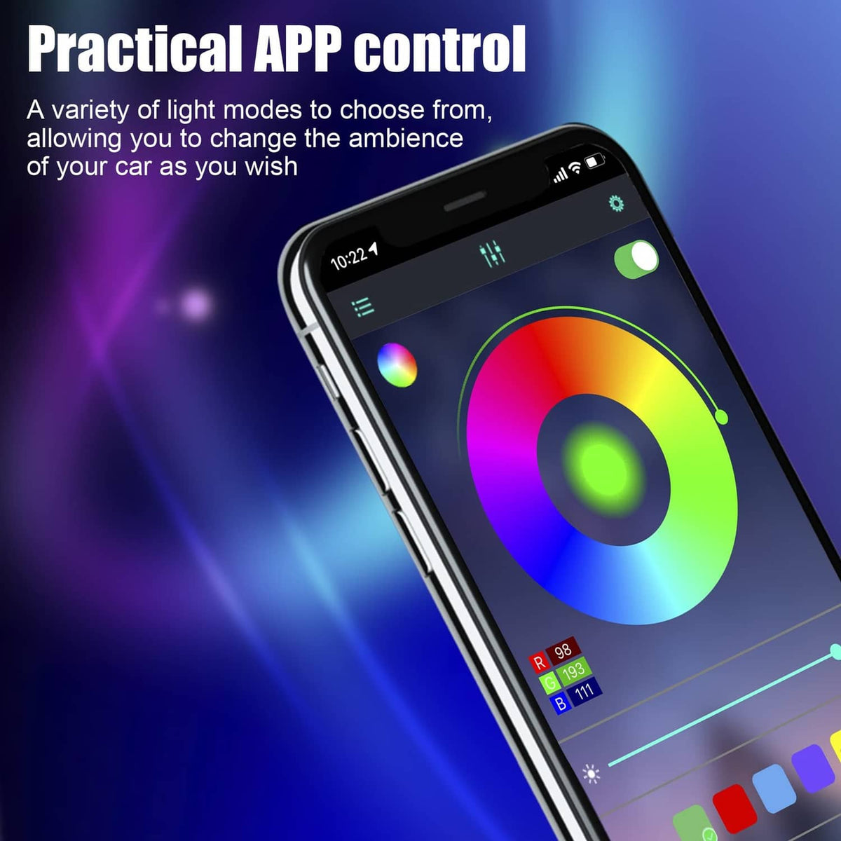RGB LED interior light kit app control with color wheel on smartphone