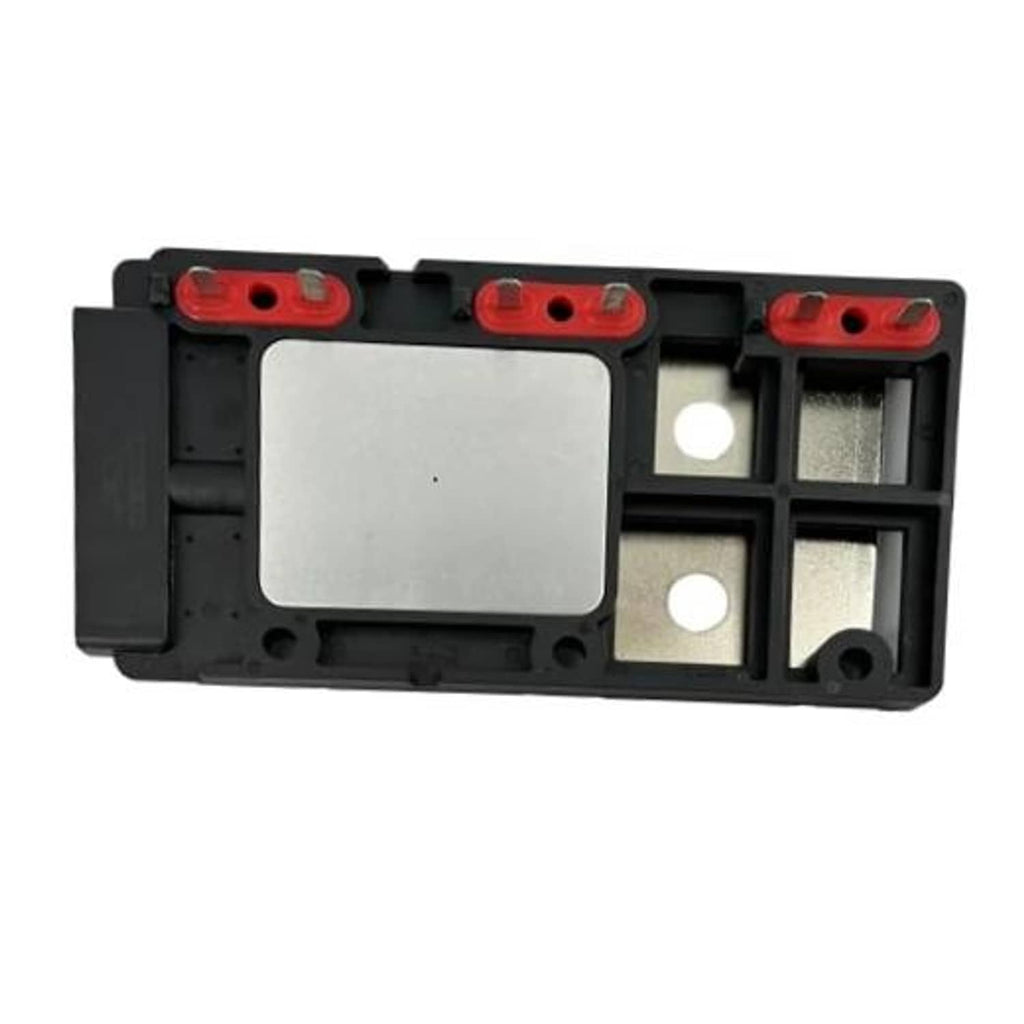 Black ignition control module with red terminals and grey electronic panel, dual openings